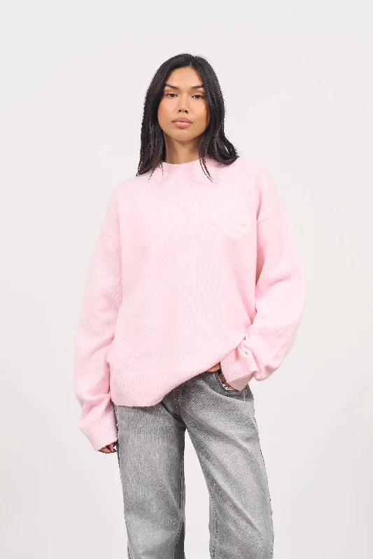 Weekend Bargains to Grab FLUFFY EMBLEM KNITTED CREW - PINK