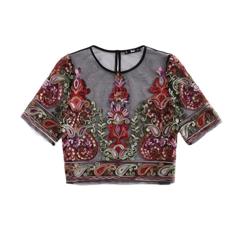 Year-End Deals Flower Embroidery  Crop Top Women Top Sexy Vintage Blouse