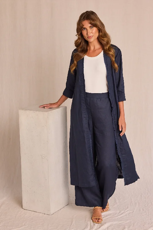 Discount Extravaganza Long Line Fringed Linen Duster Jacket in Navy