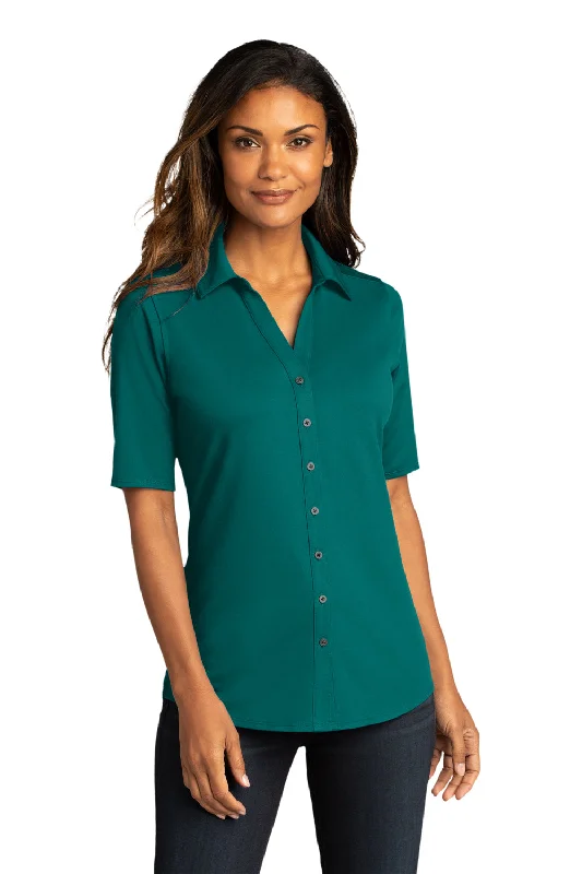 Buy Now Port Authority Womens City Moisture Wicking Short Sleeve Button Down Shirt - Dark Teal Green