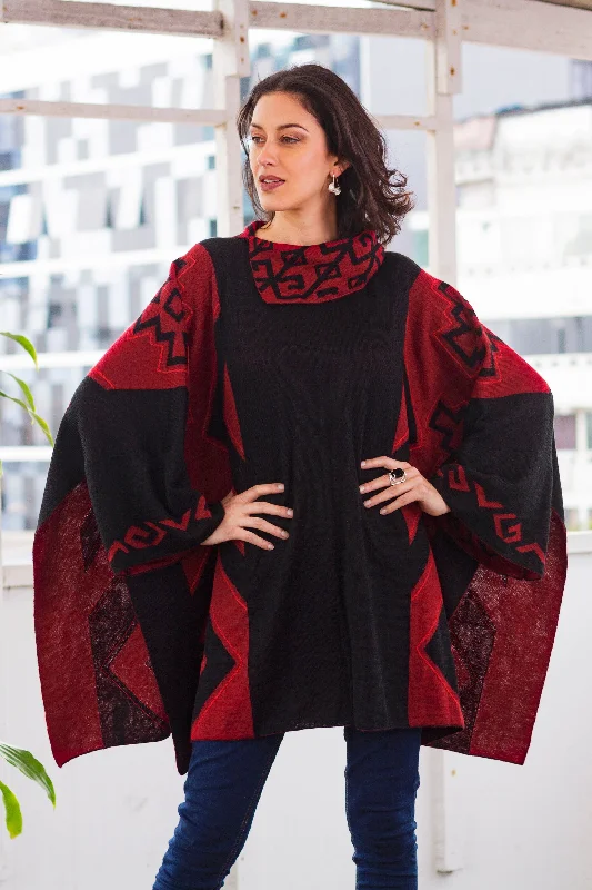Now or Never Inca Claret Knit Alpaca Blend Red and Black Poncho