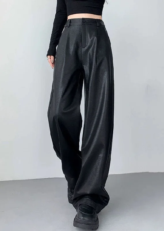 Quick Sale French Black Pockets Elastic Waist Faux Leather Pants Winter