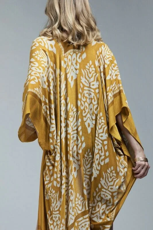 Weekend Specials You Can't Miss Mustard Damask Print Pompom Accent Boho Kimono Womens One Size