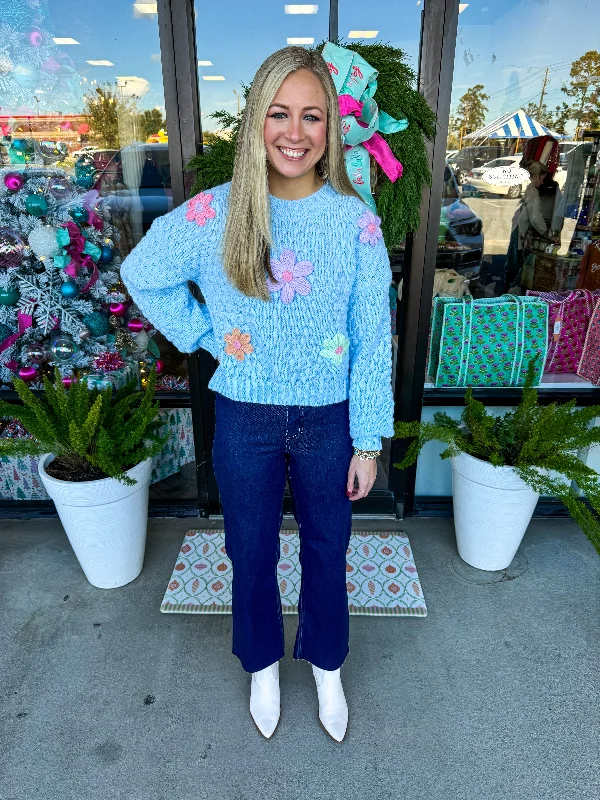 Act Fast Sue Flower Knit Sweater: Blue