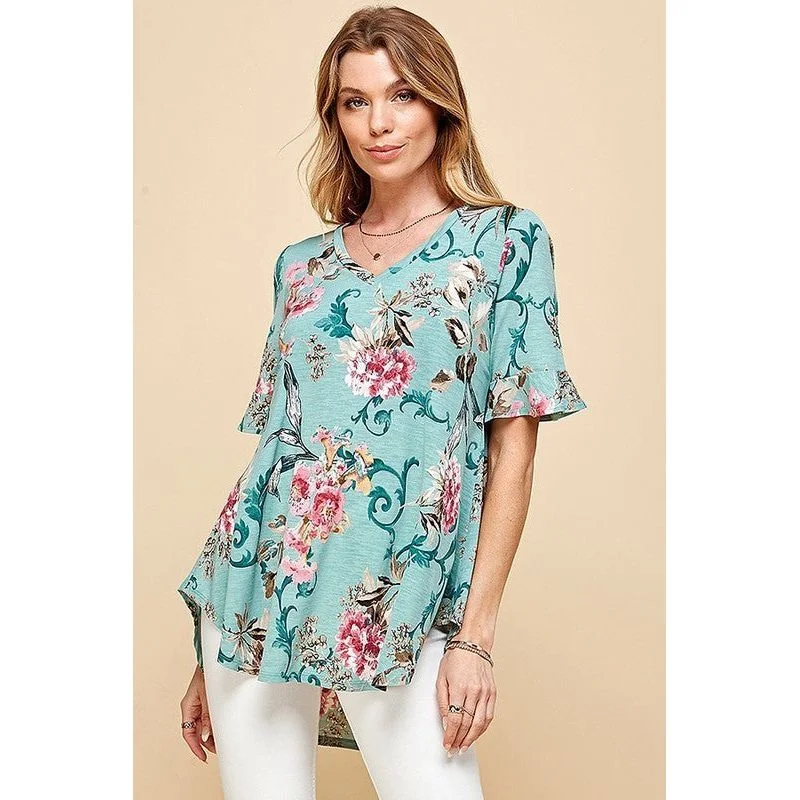 Midnight Madness Floral Short Sleeve Top with Ruffle Top, Mint