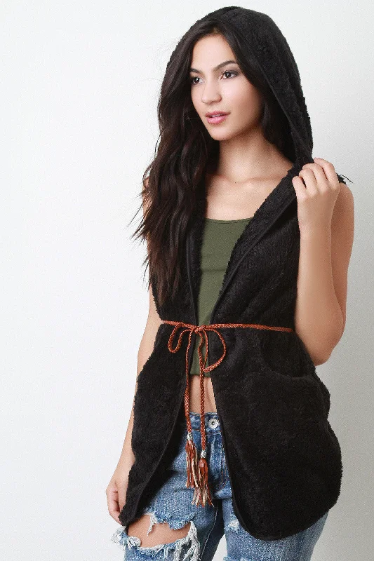 Major Savings Belted Faux Fur Hoodie Vest