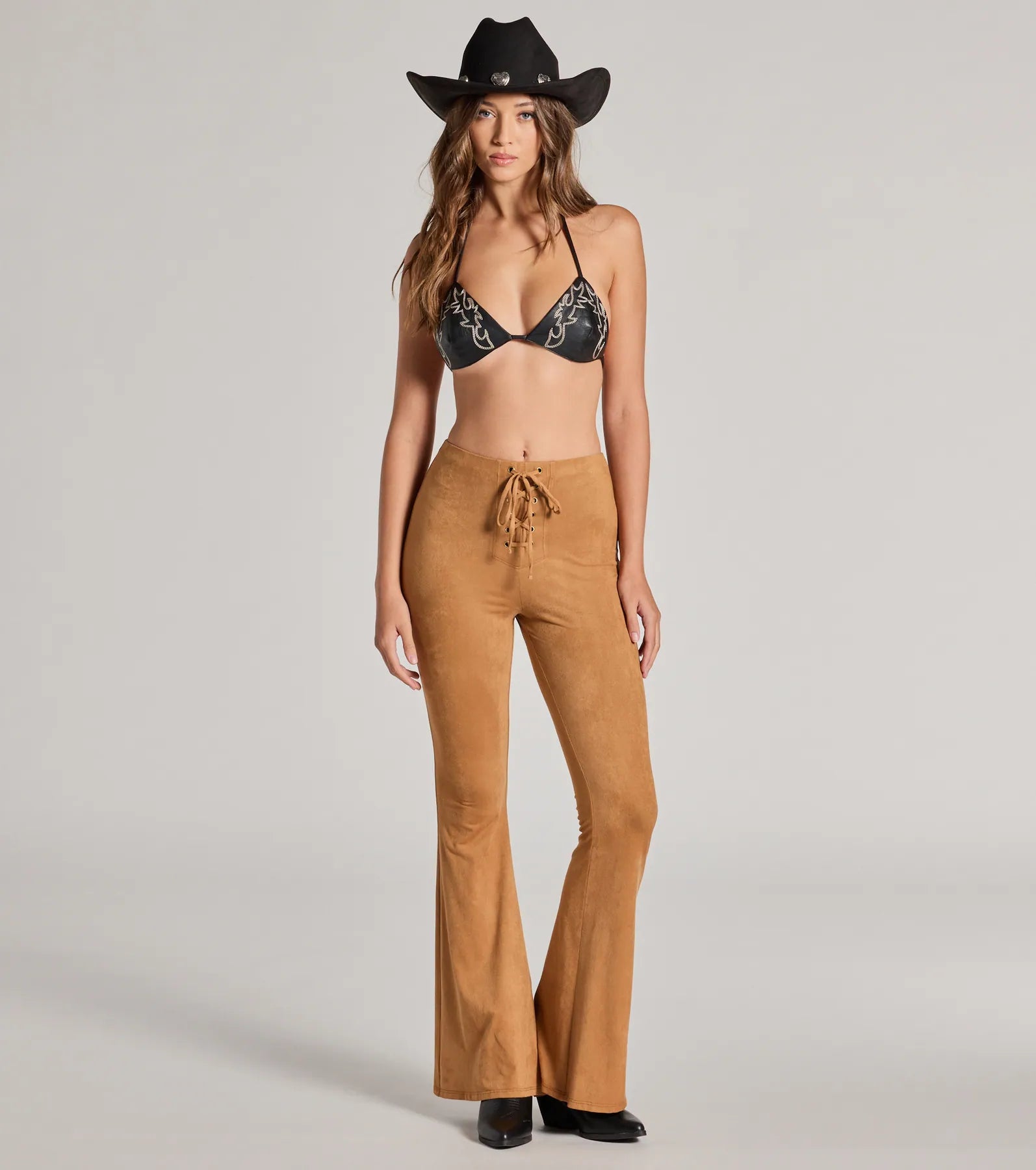 Special Offer Bohemian Babe Lace-Up Faux Suede Flare Pants