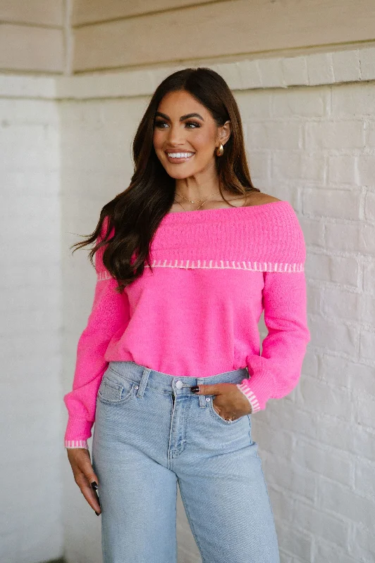 Shop and Save Stitch Detail Sweater- Fuchsia/Cream