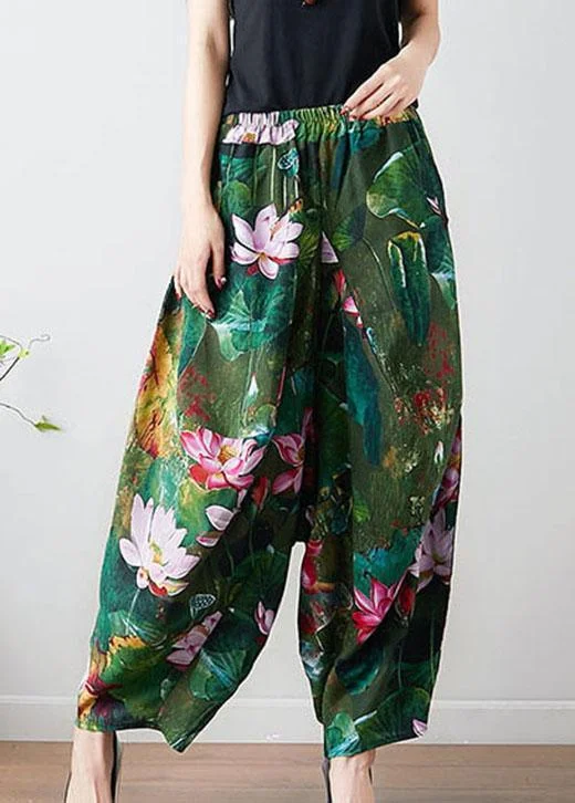 Mega Sale French Green Loose Oriental Print Pockets Fall Pants Trousers