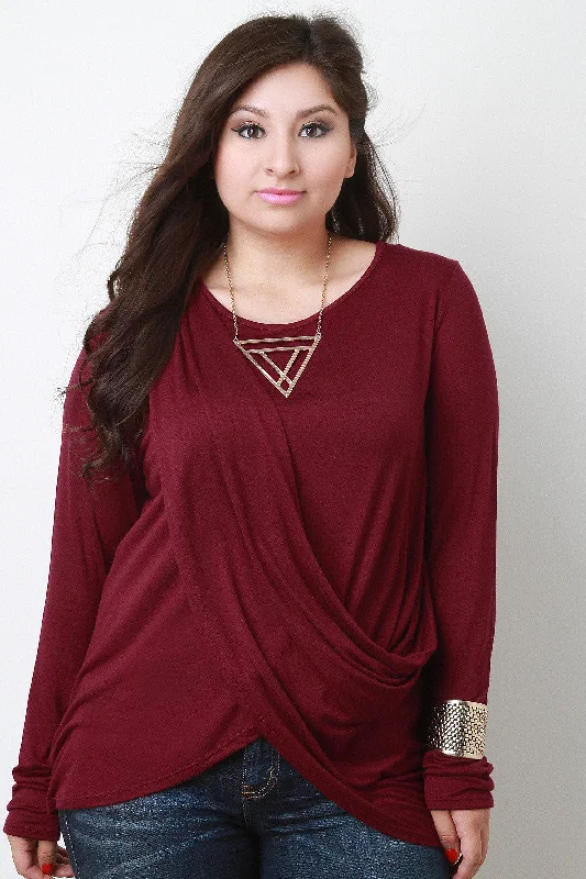 Weekend Bargains to Enjoy Draped Overlay Round Neck Long Sleeves Top