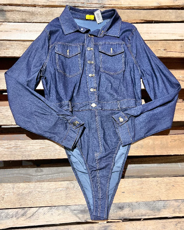 New Markdowns Plus Denim Button Up Bodysuit