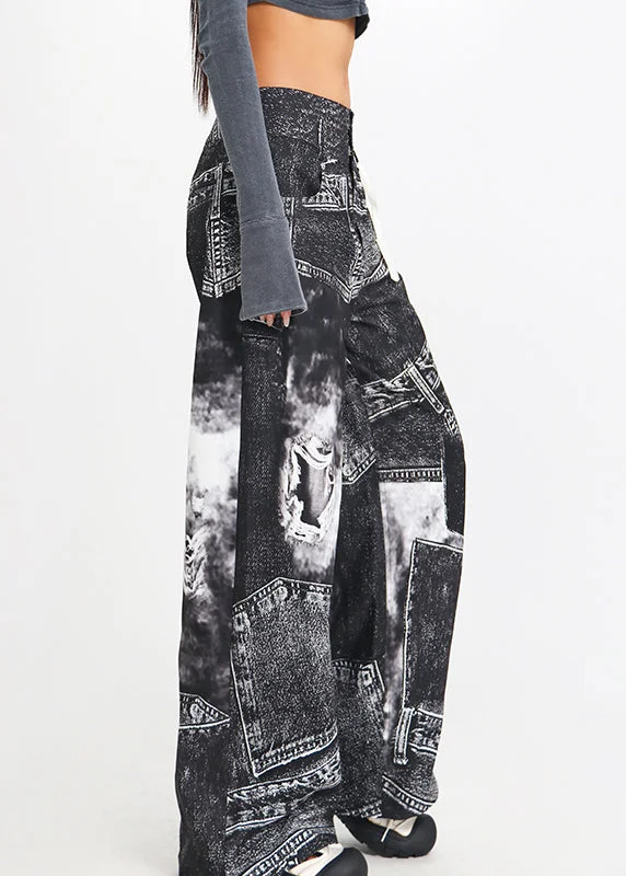 Weekend Sale: Don't Miss Out Vintage Black Print High Waist Denim Pants Spring