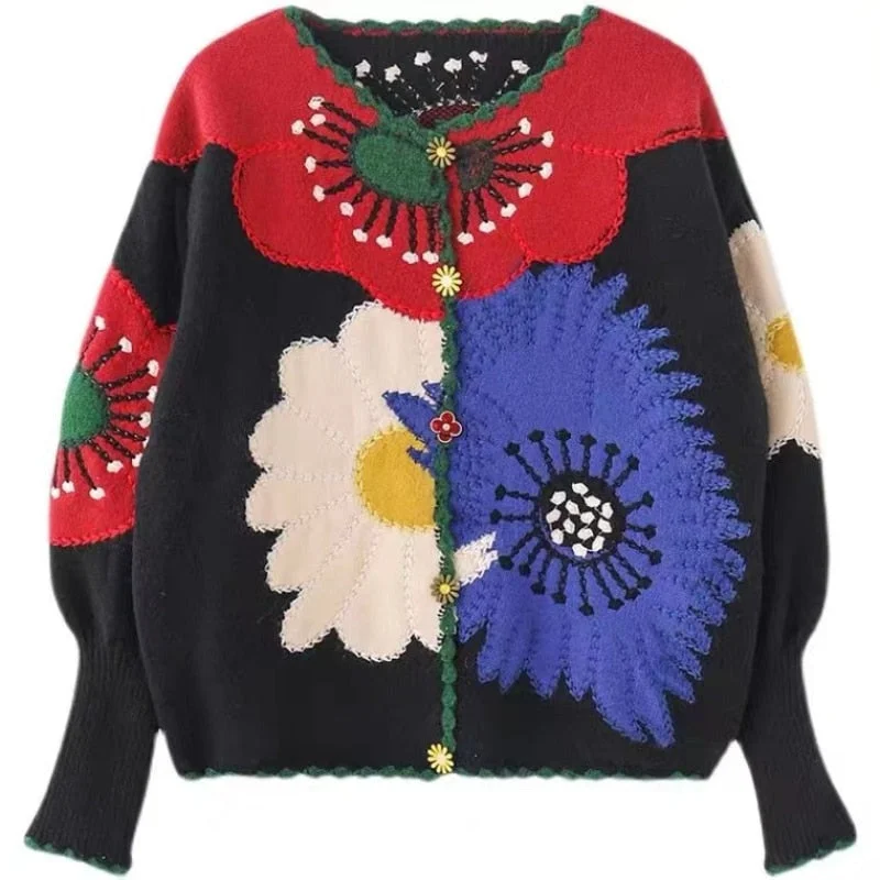 Exclusive Access Vintage Contrast Flower Embroidery Knitted Cardigan