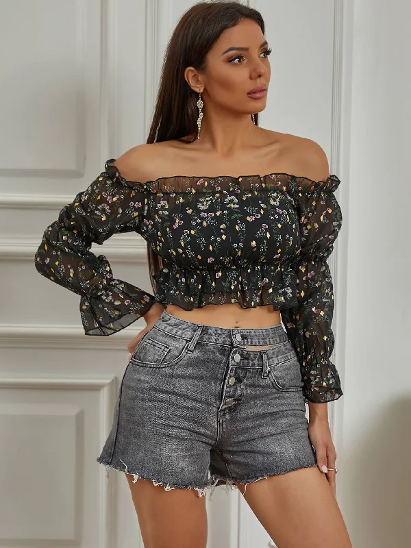 Limited Stock Printed Ruffle Hem Cropped Top
