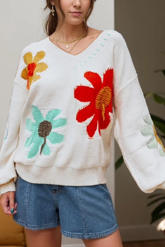 Weekend Specials to Snag Flower V-Neck Dropped Shoulder Sweater