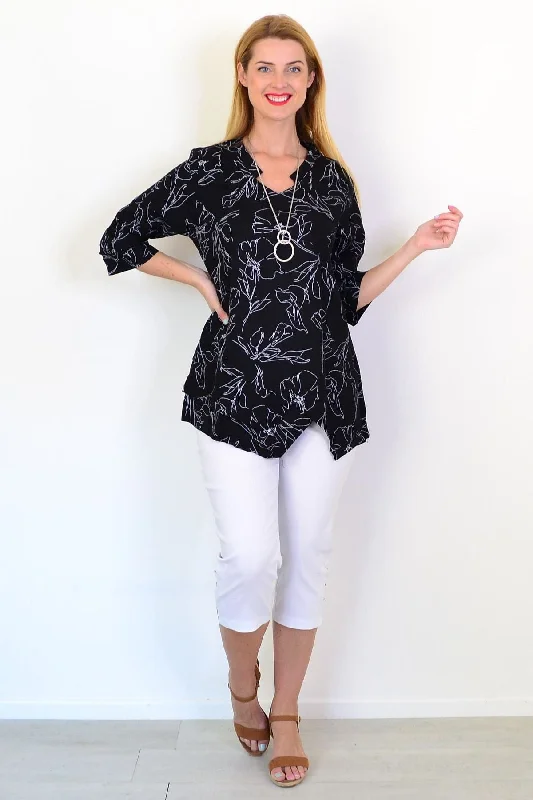 Weekend Savings Bonanza Black White Floral Linen Blend Tunic Top