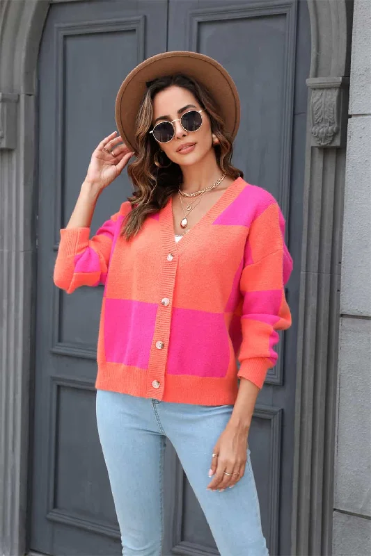Shop and Save Plaid V-Neck Dropped Shoulder Cardigan