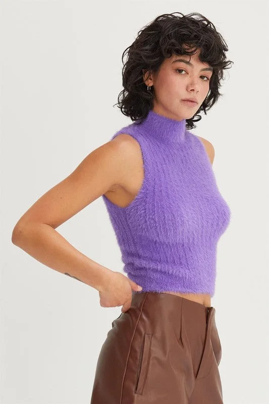Weekend Offers That Shine As If Purple Fuzzy Sleeveless Turtleneck Top