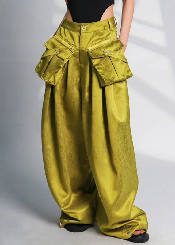 Weekend Steals Await Chic Green Pockets High Waist Cotton Wide Leg Pants Spring