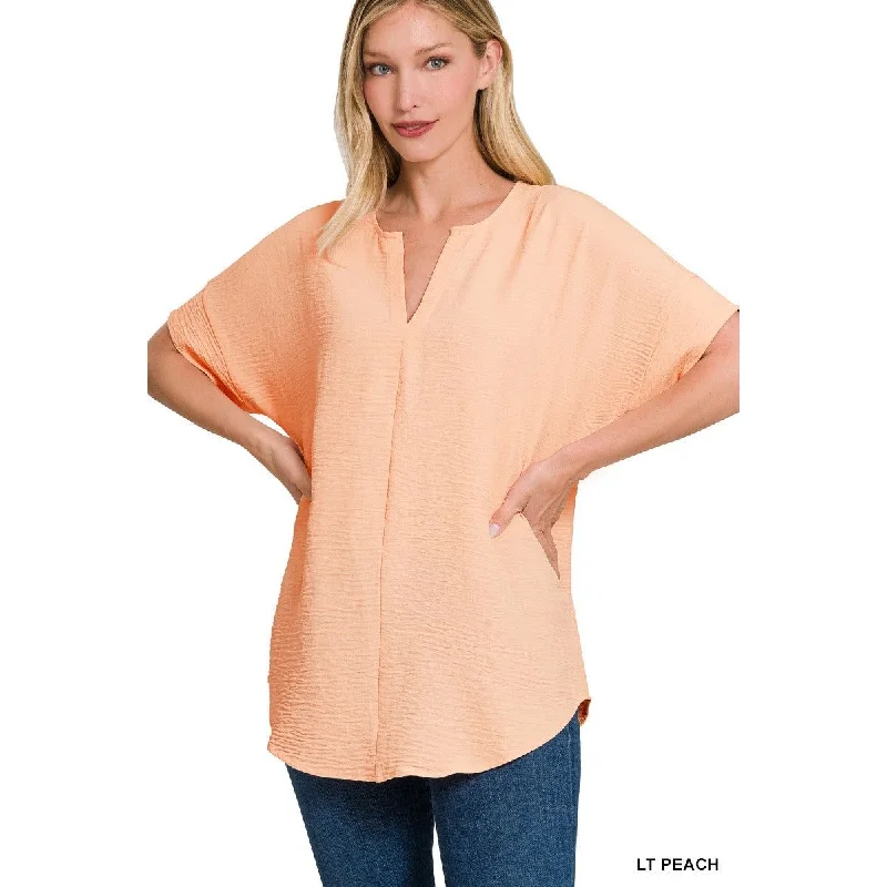Clearance Event Woven Airflow Split Neck Short Sleeve Top, Light Peach