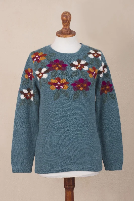 Weekend Bargains to Snag Turquoise Garden Intarsia Knit Turquoise Floral Alpaca Sweater