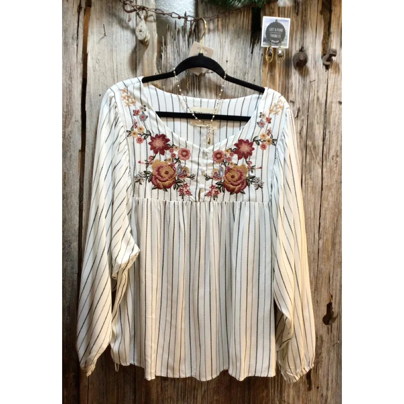 Best Deals Ivory & Black Top with Rust Floral Embroidery, Long Sleeves, Goddess