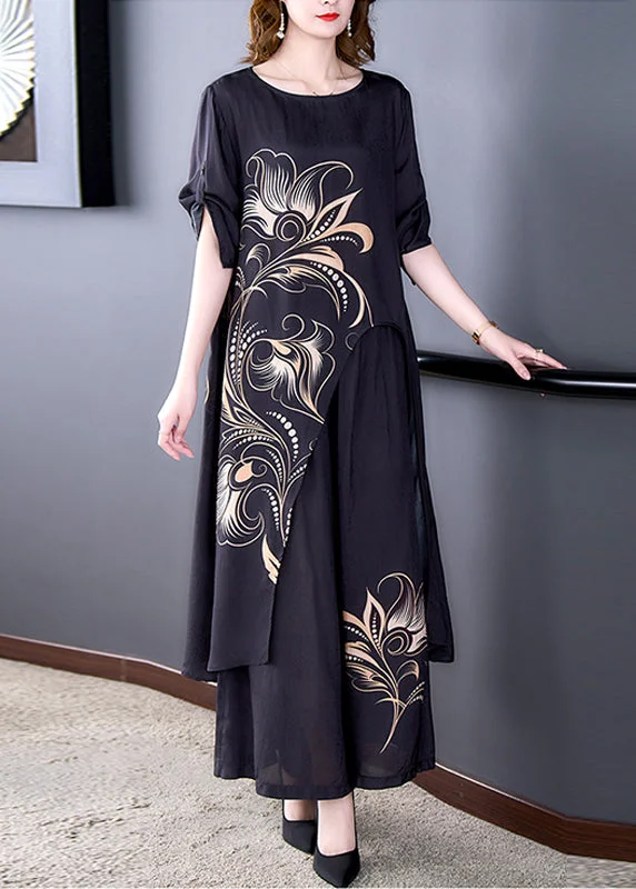 Massive Deal Beautiful Black Asymmetrical Print Chiffon Top And Wide Leg Pants Two-Piece Set Summer
