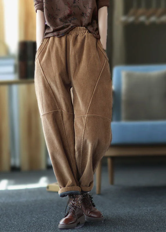 Reduced Rates Brown Patchwork Thick Corduroy Pants Elastic Waist Solid Winter