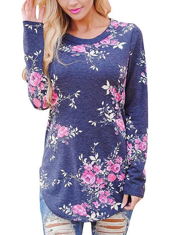 Weekend Extravaganza: Shop Now Custom Round Neck Floral Print Long Sleeve Curved Hem T-Shirt Weekend Extravaganza: Shop Now Custom Round Neck Floral Print Long Sleeve Curved Hem T-Shirt
