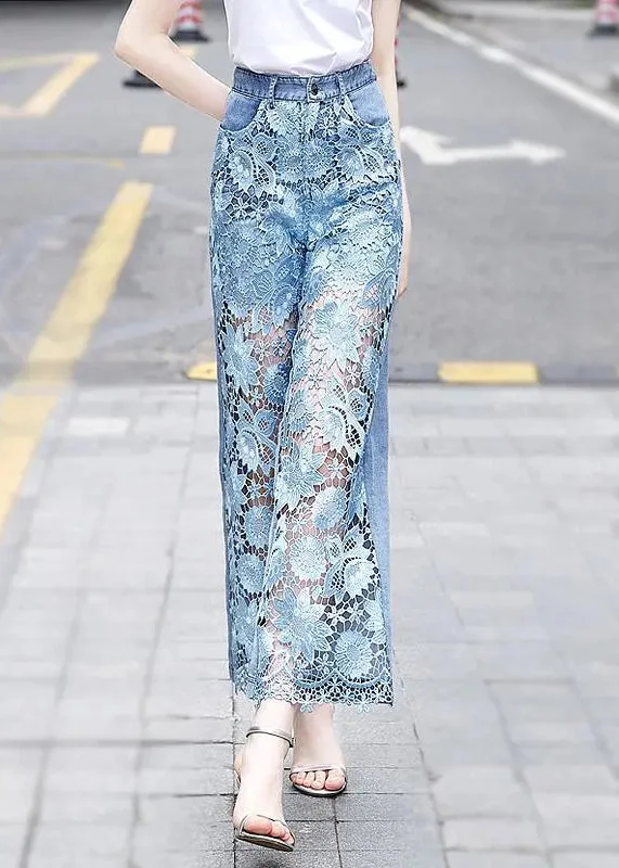 Limited Time Discount Chic Blue Lace Hollow Out Pockets Denim Crop Pants Summer
