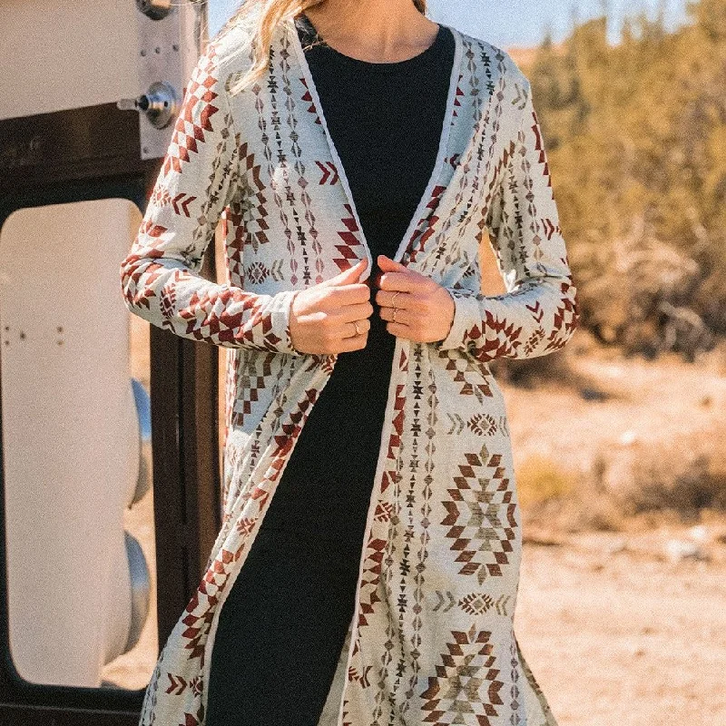 Weekend Deal Western Aztec Printed Open Front Long Cardigan