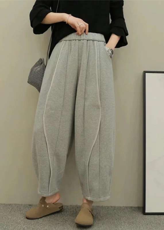 Price Reduction Women Casual Grey Pockets Elastic Waist Patchwork Cotton Pants Fall