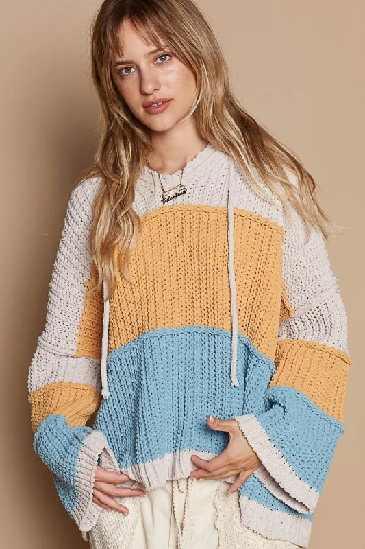Mega Sale POL Color Block Long Sleeve Hooded Sweater