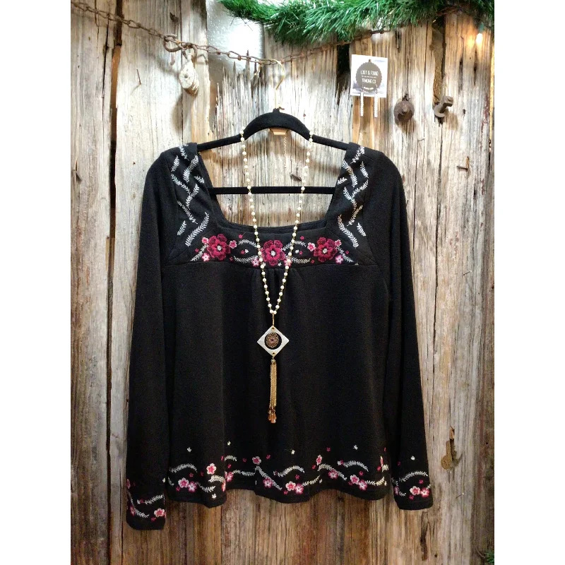 Exclusive Offers Black Top with Embroidered Flowers