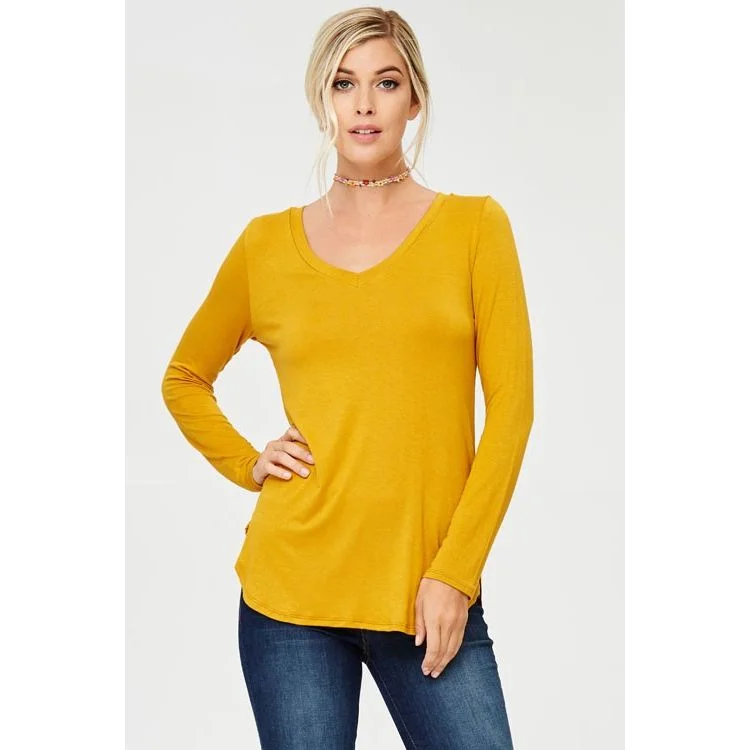 Weekend Offers That Impress Mustard V-NECK LONG SLEEVE SOLID TOP