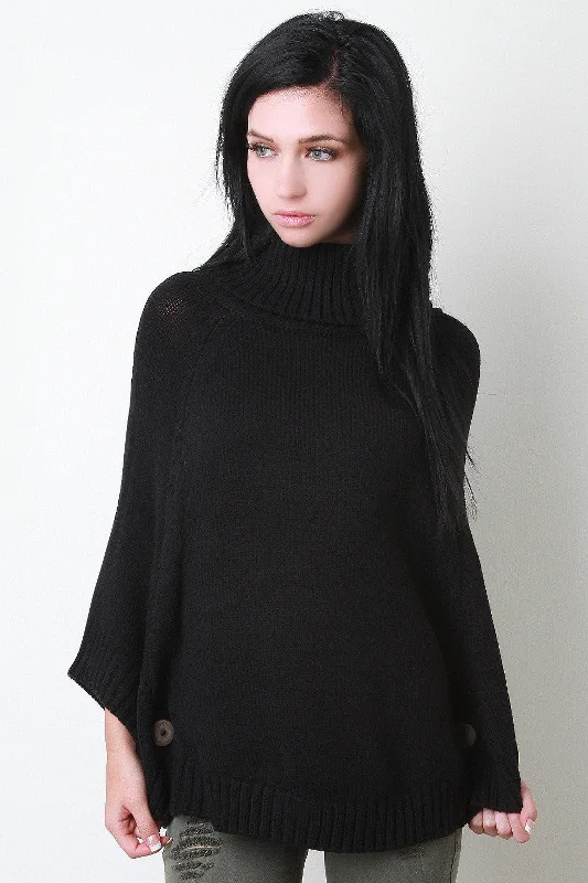 Weekend Offers That Please Button Ribbed Knit Turtleneck Poncho