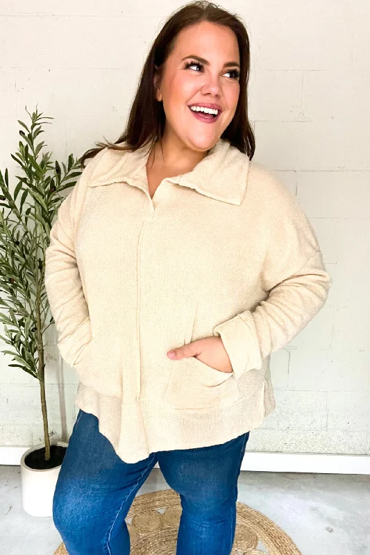 Price Cut Easy Living Oatmeal Textured Knit Notch Neck Oversized Collar Sweater