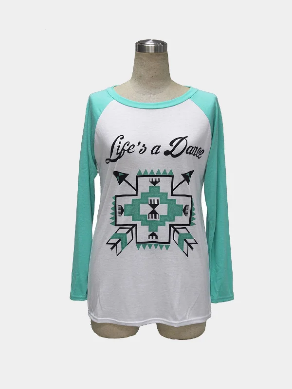 Deep Savings Custom Round Collar Raglan Sleeve Top with Letter and Arrow Print