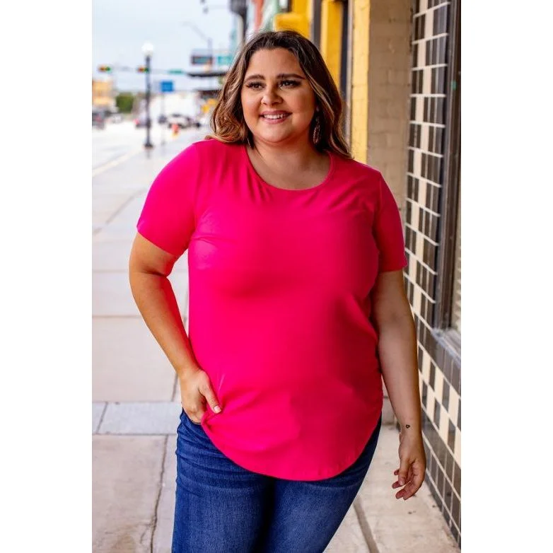 Weekend Bargains to Savor Neon Pink Short Sleeve Top with Curved Hem Relaxed Fit Scoop Neck Side Slit, Goddess