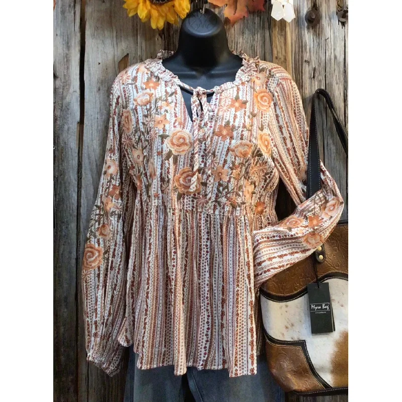Massive Savings Babydoll Woven Blouse, Print with Ruffle Detail Neckline and Balloon Sleeves, Embroidery Colorway