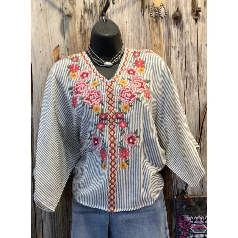 While Supplies Last Striped Poncho Top  Embroidery on the Front, V Neckline, Loose Fit
