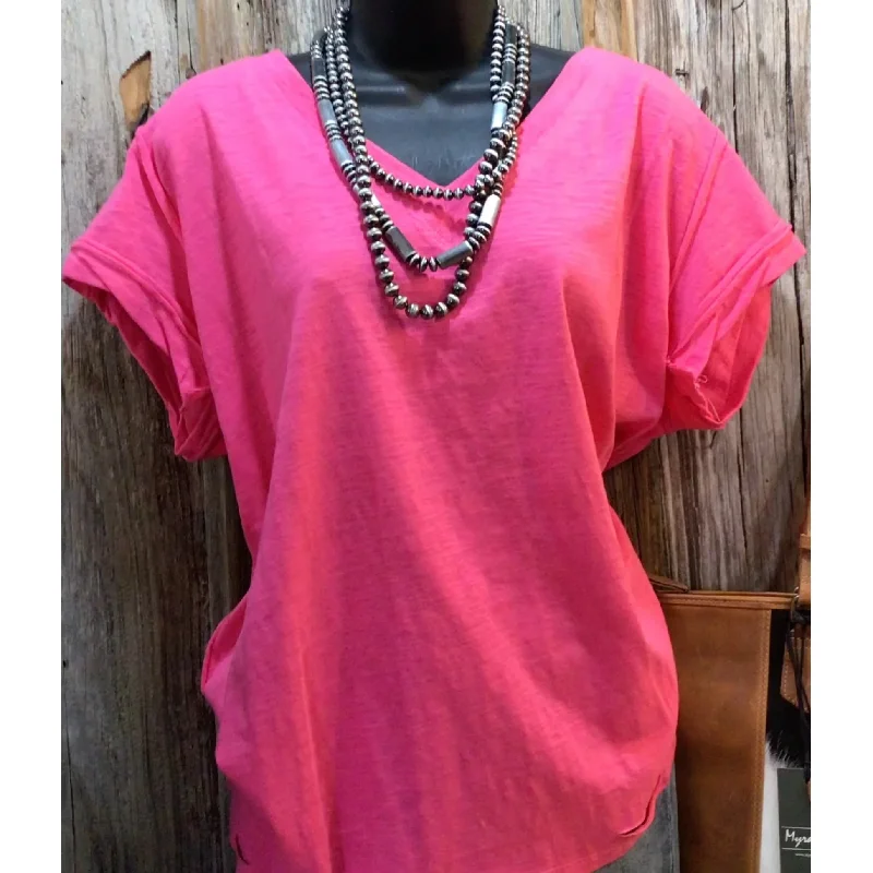 Hurry In Gathered Short Sleeve V-Neck Knit Top with a Distressed Hem and Side Slits, Goddess