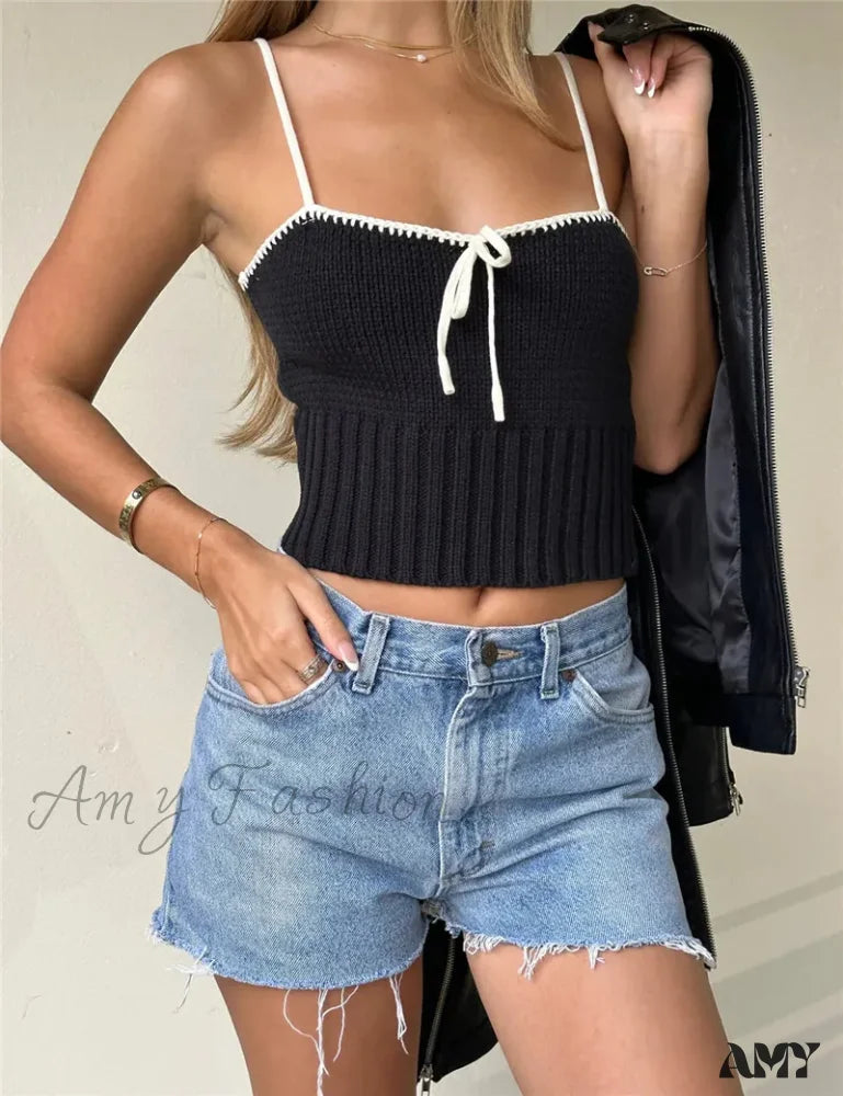 One-DAY Sale AMY - Sexy Y2K Spaghetti Strap Knitted Bow Patchwork Camis Crop Top