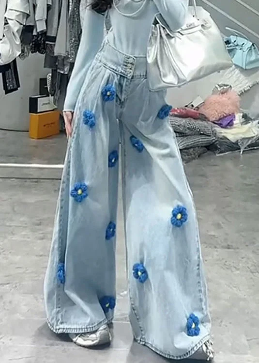 Savings Galore Fashion Blue High Waist Floral Decorated Denim Wide Leg Pants Spring