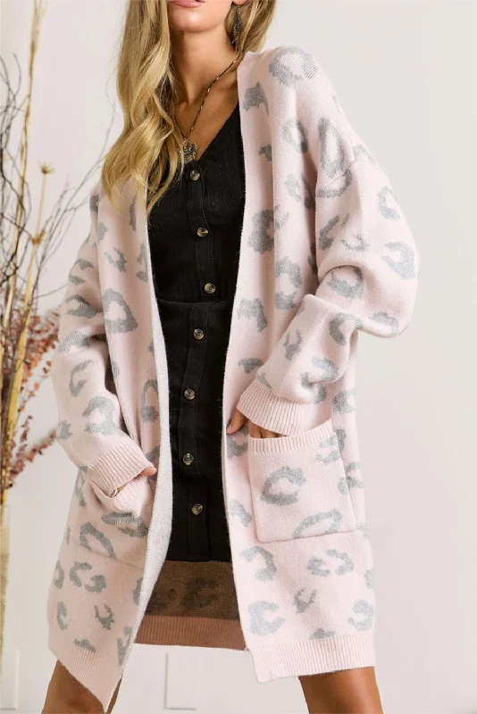 Weekend Discounts to Indulge In Pink Leopard Side Pockets Open Front Long Cardigan
