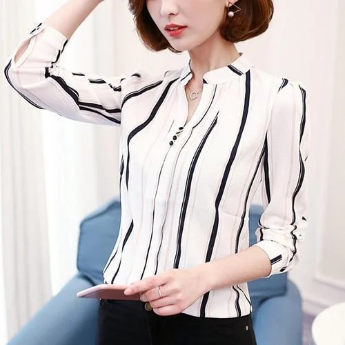 Hurry Up Striped Chiffon Blouse Women Tops V-Neck Blouse
