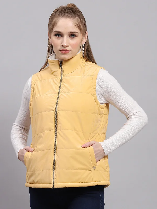 Seasonal Sale Women Yellow Solid Mock Neck Sleeveless Jacket