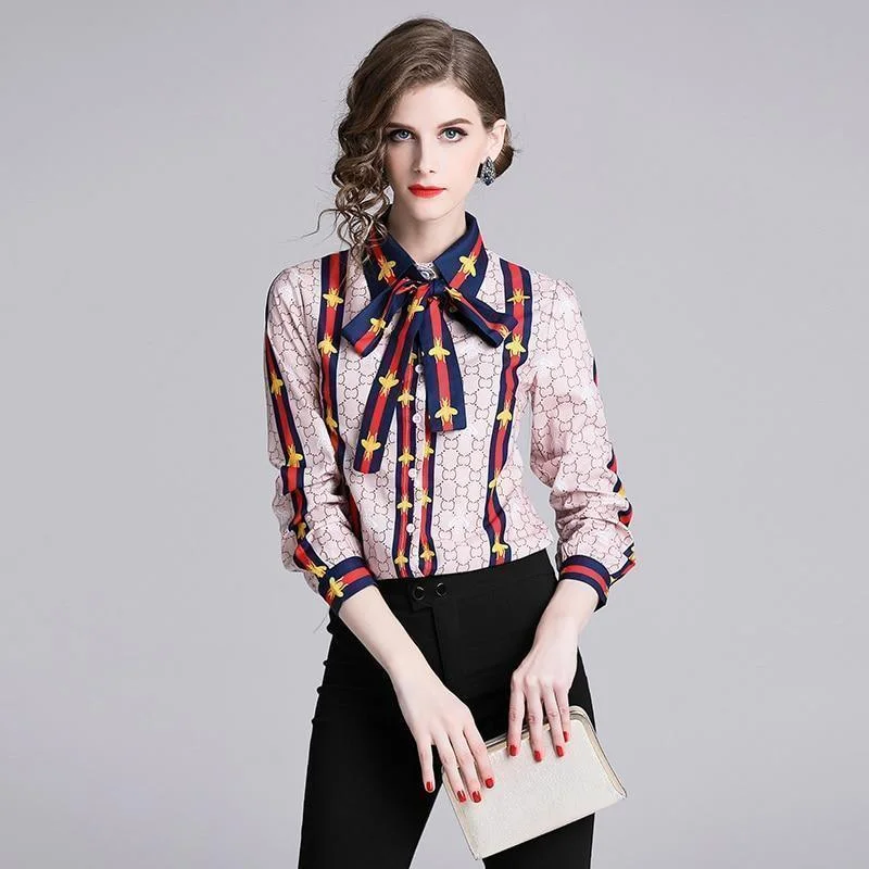 Weekend Deal Elegant Silk Blouse Pink Bow Tie Women Shirt