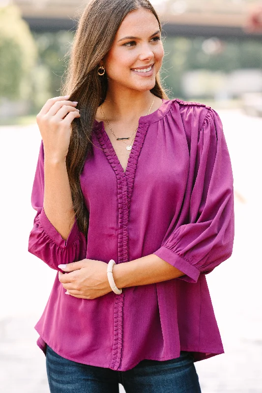 Midnight Madness Easy Days Ahead Plum Purple Textured Trim Blouse