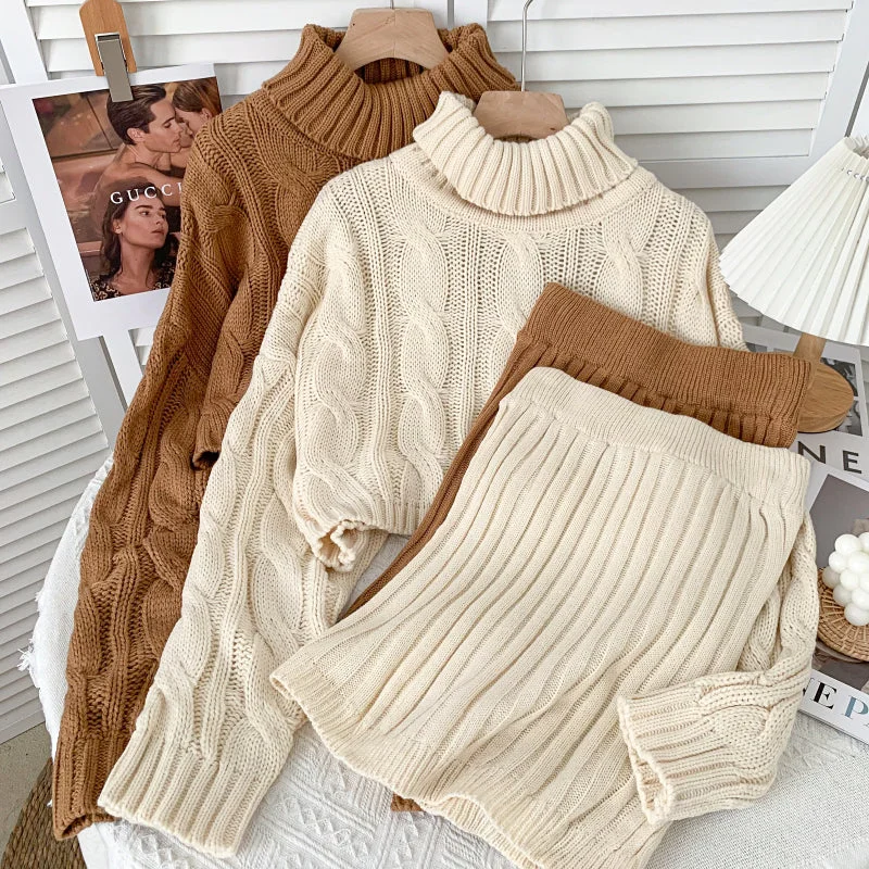 Weekend Deal Turtleneck Cable Knit Cropped Sweater & Skirt Knit Set (4 Colors)